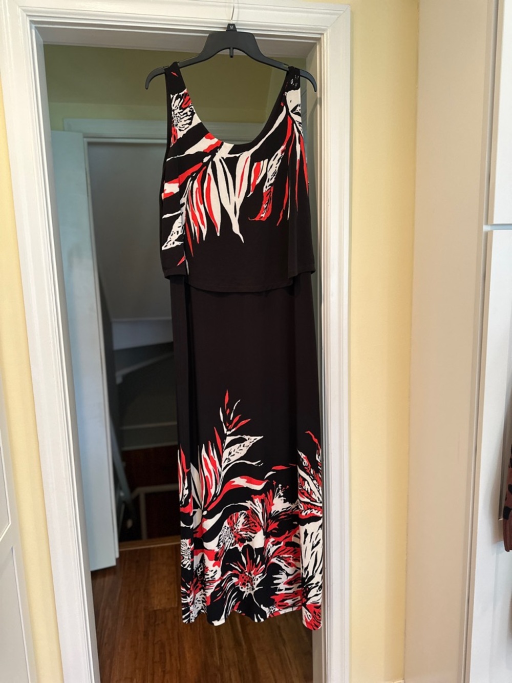 Robbie Bee Black Maxi Dress with Orangish Red and White Floral Print